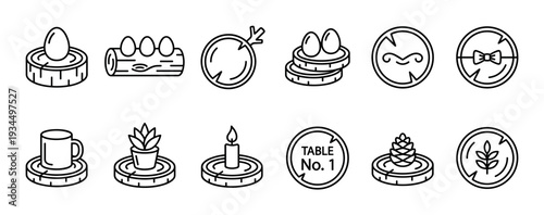 Twelve black outline icons depicting various objects like eggs, plants, candles, and table numbers, all resting on circular wooden bases, presented in a clean, minimalist line art style