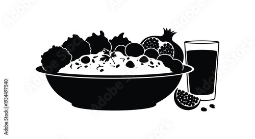 A vibrant and healthy salad with various fruits a glass of juice and seeds in black silhouette
