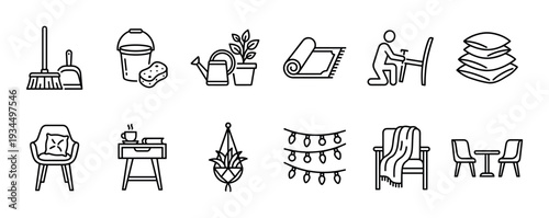Comprehensive collection of black outline home and living icons, showcasing various domestic activities, furniture, and decorative elements in a clean, minimalist vector style