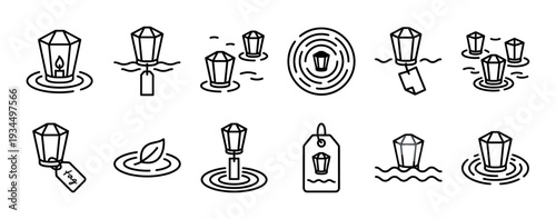 Collection of minimalist floating geometric lantern icons, some featuring candles, water ripples, or attached tags, presented in a clean line art style