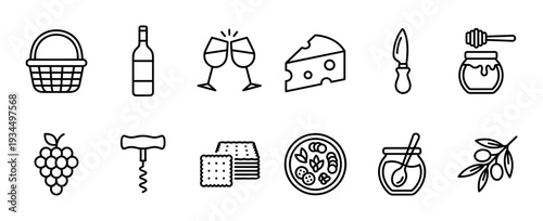 Diverse set of twelve food icons illustrates picnic and party essentials, featuring wine, cheese, grapes, crackers, honey, and olives, all rendered in a clean outline style