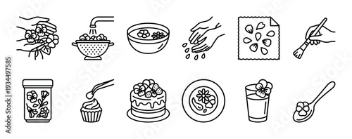 Twelve black line art edible flower icons visually represent the comprehensive process of preparing and utilizing pansies for various culinary applications and decorative food garnishes