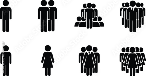A set of vector line art illustrations depicting various human silhouettes in different groupings and poses silhouette