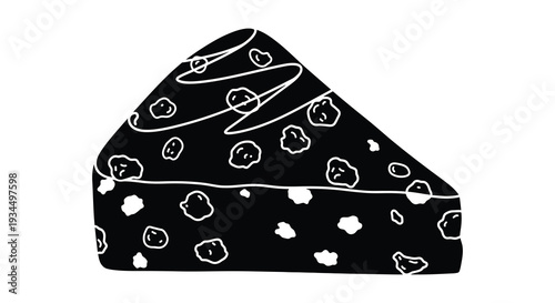 A whimsical black and white illustration depicts a slice of cheese with planets and stars a unique silhouette high quality