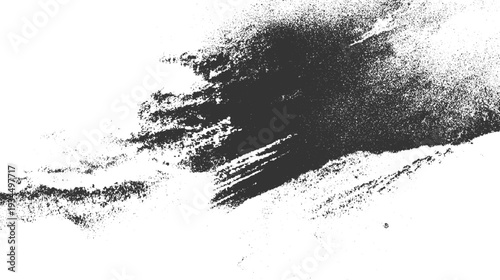 Dark textured brush stroke with scattered speckles on white background abstract black charcoal