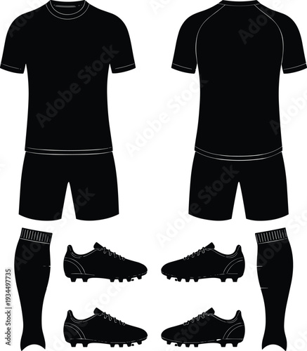 Black soccer kit mockup set including jersey shorts socks and cleats silhouettes for football team uniform apparel design and branding
