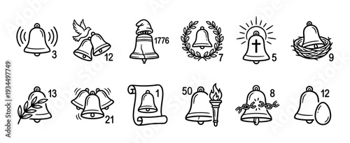 Collection of black and white bell icons featuring various symbolic elements like a dove, cross, torch, and broken chains, each with a unique number, presented in a clean line art style