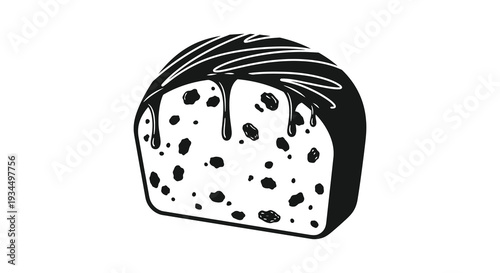 A detailed black and white illustration of a chocolate loaf cake with dripping glaze featuring a striking silhouette high quality