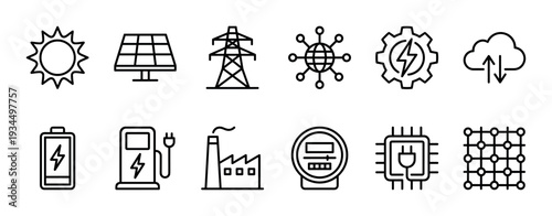 Diverse collection of energy and power outline icons representing sustainable sources, smart grids, battery storage, and modern consumption, all in a clean, minimalist line art style