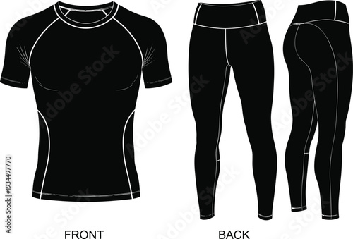 Black men compression t-shirt and leggings mockup set including front and back view athletic training apparel templates for fitness branding