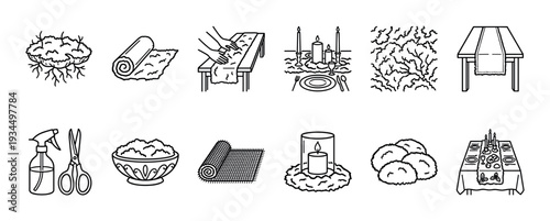 Black and white line art icons illustrate various stages of moss decoration, showing preparation, crafting, and final festive table arrangements with candles and place settings