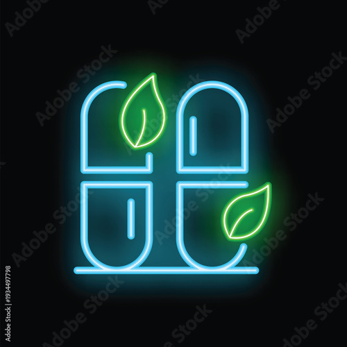 Neon icon of a blister pack of pills with green leaves, representing herbal medicine, homeopathy and naturopathy