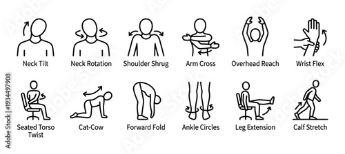 Twelve simple black outline icons illustrate various stretching exercises for office workers, promoting health and flexibility with clear movement arrows
