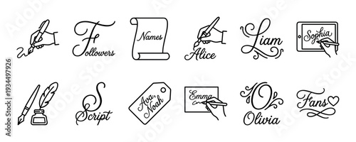 Black outline writing and name related icons are neatly arranged, depicting hands writing, quills, scrolls, and decorative text elements, all in a clean, minimalist line art style