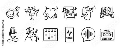 These black outline icons illustrate various aspects of music, singing, recording, and worship in a clean, modern, and minimalist line art style, perfect for digital media
