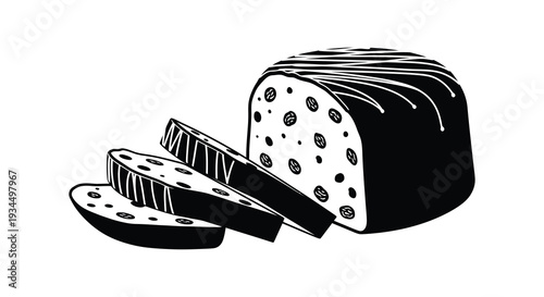 A black and white illustration depicts sliced loaf bread with visible seeds creating a striking silhouette high quality professional detailed