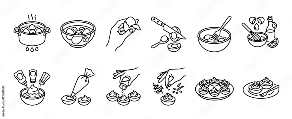 Fototapeta premium Detailed black and white line art icons illustrating the step-by-step process of preparing delicious deviled eggs, showcasing various kitchen tools and culinary actions from boiling to garnishing