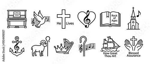 Twelve Christian faith and music-themed outline icons are neatly arranged, featuring symbols like a cross, dove, piano, and church, with hymn titles and musical elements, graphic style