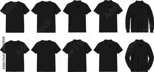 Black t-shirt and polo shirt mockups set including short sleeve long sleeve and collared apparel templates for fashion brand design