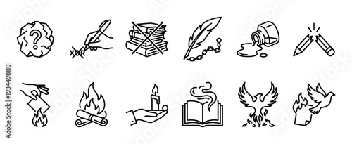 Twelve black outline icons representing writing, creativity, censorship, and literary themes, including a crumpled question mark, quill, broken pencil, burning paper, and a phoenix