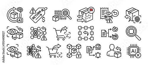 Comprehensive set of e-commerce and AI-related line icons depicts various concepts like delivery, returns, security, data analysis, and fraud detection in a modern, minimalist style