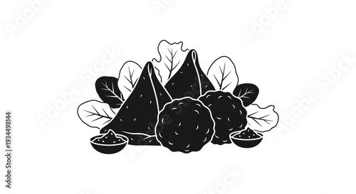 A striking black and white illustration depicts samosas cauliflower and bowls presented in a bold silhouette high quality professional detailed