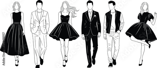 Elegant men and women fashion silhouettes collection, stylish formal and casual outfits isolated on white background vector illustration set