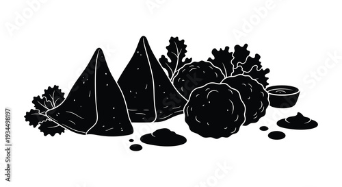 A striking black and white illustration depicts cheese wedges cabbage and leafy greens in a bold silhouette high quality professional