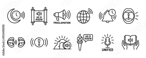 These twelve black outline icons illustrate various forms of communication, proclamation, and the Easter message, presented in a clean, modern line art style