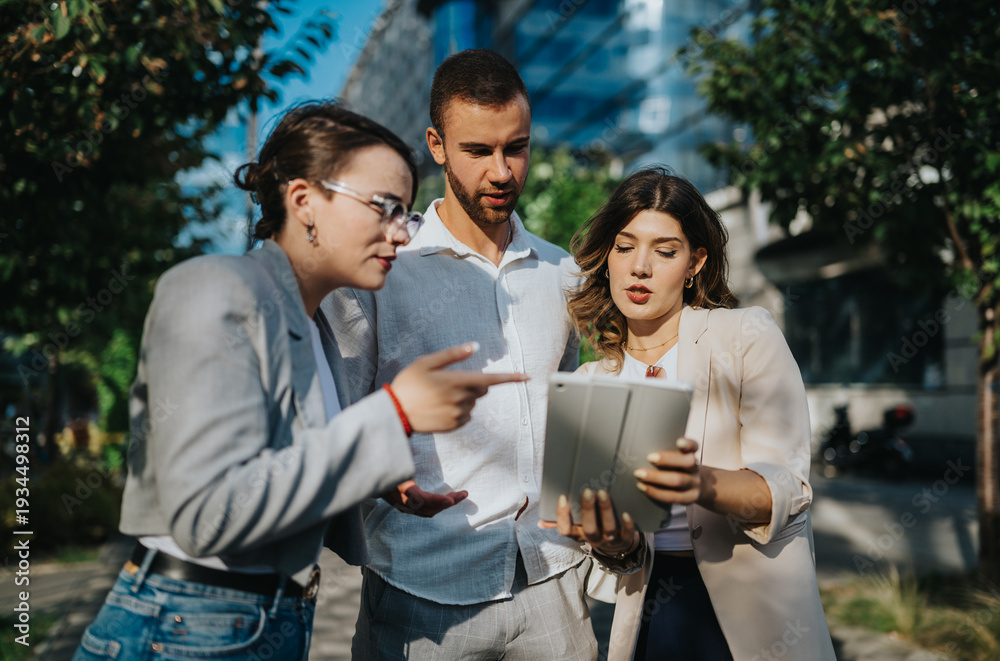 Obraz premium Three professionals review a tablet outdoors on a sunny day. A group of colleagues discuss ideas outside in a city setting.
