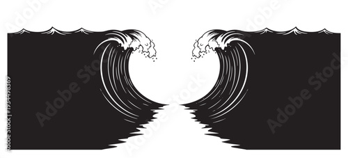 Biblical Red Sea parting miracle dramatic waves black silhouette illustration