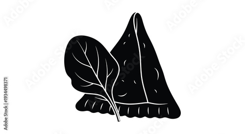 A striking black and white depiction of a savory pastry alongside a leafy green plant a bold silhouette high quality