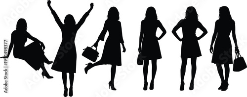 Elegant women silhouette collection with different poses handbags and dresses isolated on white background vector illustration for fashion design
