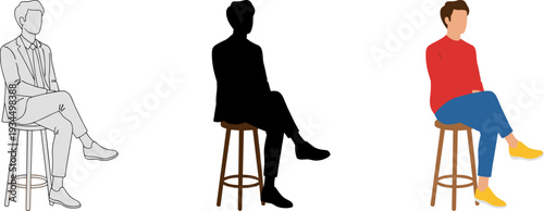 Man sitting on stool transformation set, sketch silhouette and colored character isolated on white background, flat vector illustration