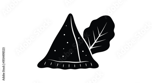 A striking black silhouette depicts a savory samosa paired with a fresh sprig of coriander full of detail