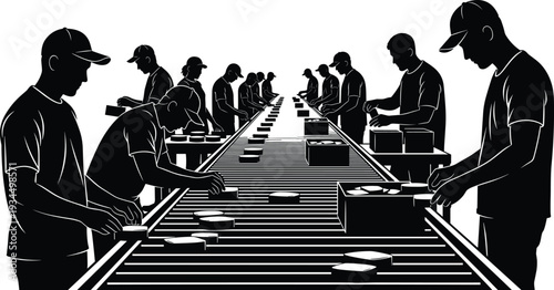 Factory workers on production line assembly, industrial manufacturing process silhouette illustration, teamwork packaging operation, conveyor belt industry concept