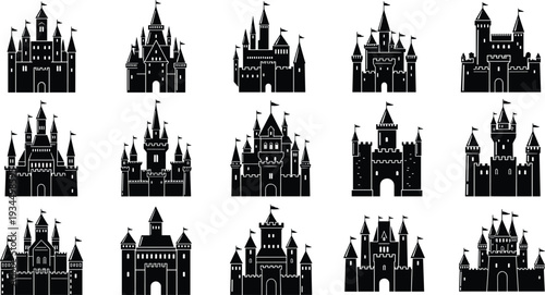 Black castle icons set including medieval fortress palace tower and kingdom silhouettes for fairytales history architecture and fantasy design elements