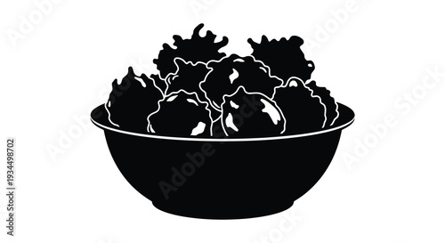 A striking black and white illustration depicts a full bowl of leafy greens in a minimalist silhouette high quality professional