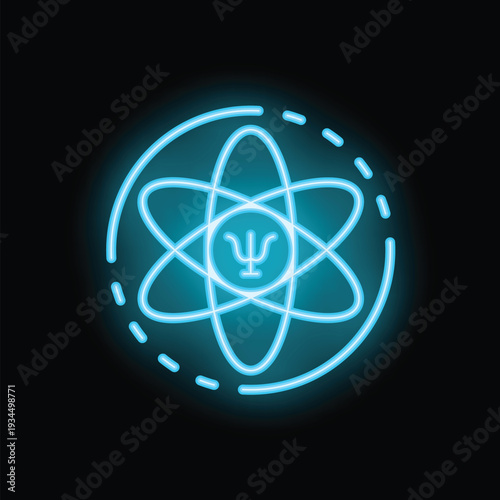 Glowing neon icon representing the concept of psychology with its symbol inside an atom model
