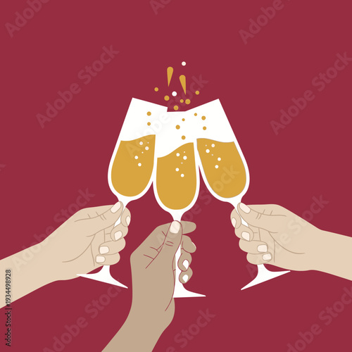 Friends clinking champagne glasses in celebration, toasting with bubbly drinks, festive cheers