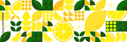 Bauhaus Geometric pattern with lemons, citrus slices and green leaves, abstract yellow vector background for summer design or packaging