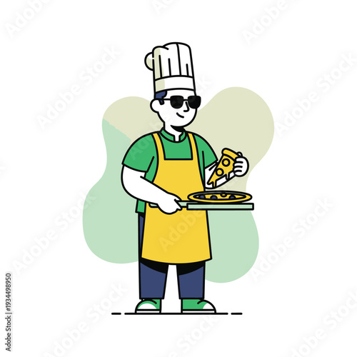 Smiling Chef with Sunglasses Serving a Freshly Baked Pizza Slice Illustration