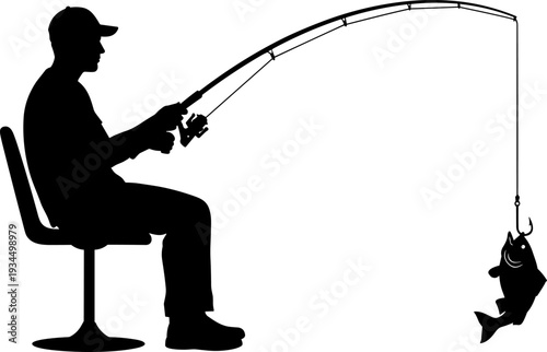 Man fishing silhouette with rod and catch, recreational hobby concept isolated on white background, flat vector illustration design