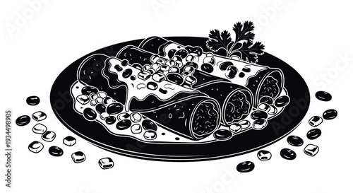 A detailed black and white illustration showcasing enchiladas with beans and a garnish presented as a silhouette high quality professional