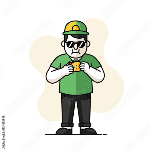 Kartun ilustrasi pria muda santai mengenakan topi dan kacamata hitam menikmati makan taco