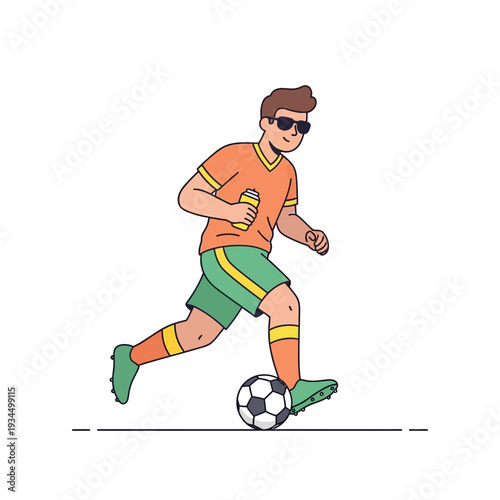 Pemain Sepak Bola Pria Muda Dribel Bola Sambil Menjaga Hidrasi dengan Botol Minuman dan Kacamata Hitam