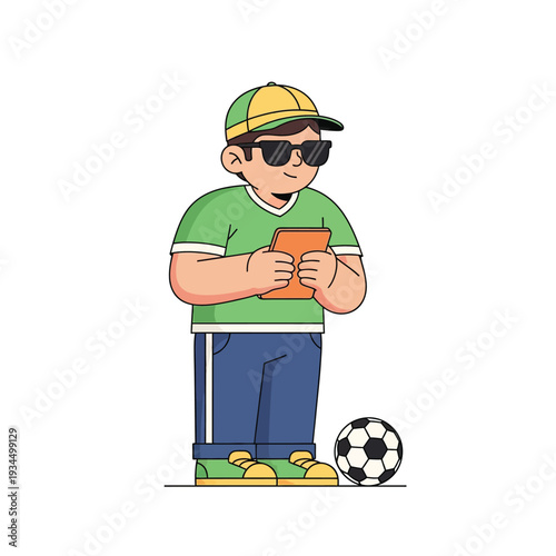 Soccer coach or fan using a tablet on the field with a ball, modern illustration.