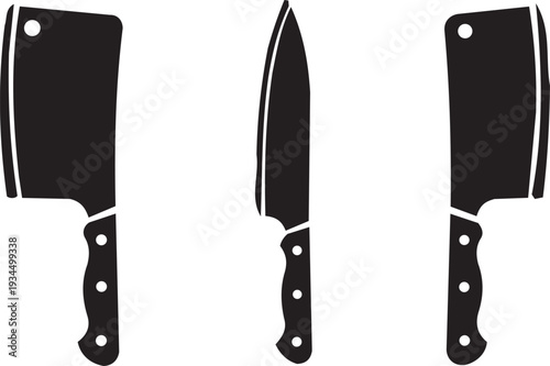 Set of kitchen knives: A butcher knife, chef's knife, and another cleaver in black silhouette.
