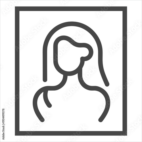 Outline icon of a woman's portrait within a square frame on a white background Keywords: woman, portrait, outline, icon, frame