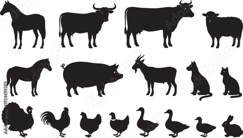Farm animal collection silhouettes: A variety of farm animals including horses, cows, pigs, sheep, and poultry.